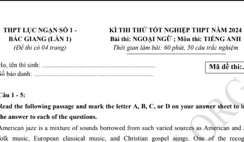 Đề thi thử TN THPT môn Tiếng Anh 2024 – THPT Lục Ngạn 1 Bắc Giang