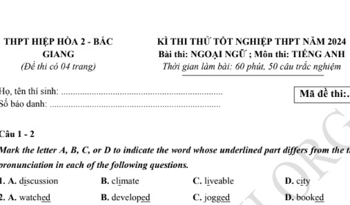 Đề thi thử TN THPT môn Tiếng Anh 2024 – THPT Hiệp Hòa 2 Bắc Giang