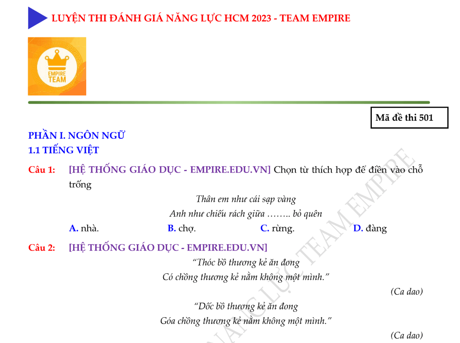 Đề thi đánh giá năng lực ĐHQG HCM 2023 và đáp án - Empire Team