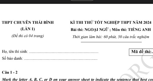 Đề thi thử TN THPT môn Tiếng Anh 2024 – THPT Chuyên Thái Bình