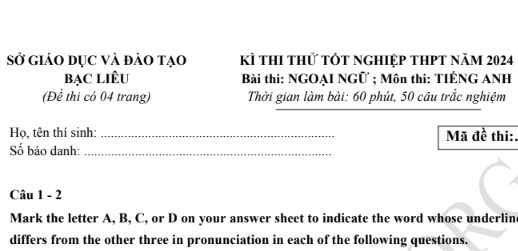 Đề thi thử TN THPT môn Tiếng Anh 2024 – Sở Bạc Liêu