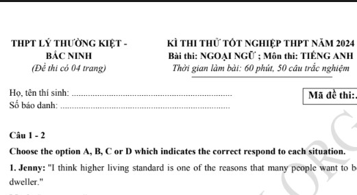 Đề thi thử TN THPT môn Tiếng Anh 2024 – THPT Lý Thường Kiệt Bắc Ninh